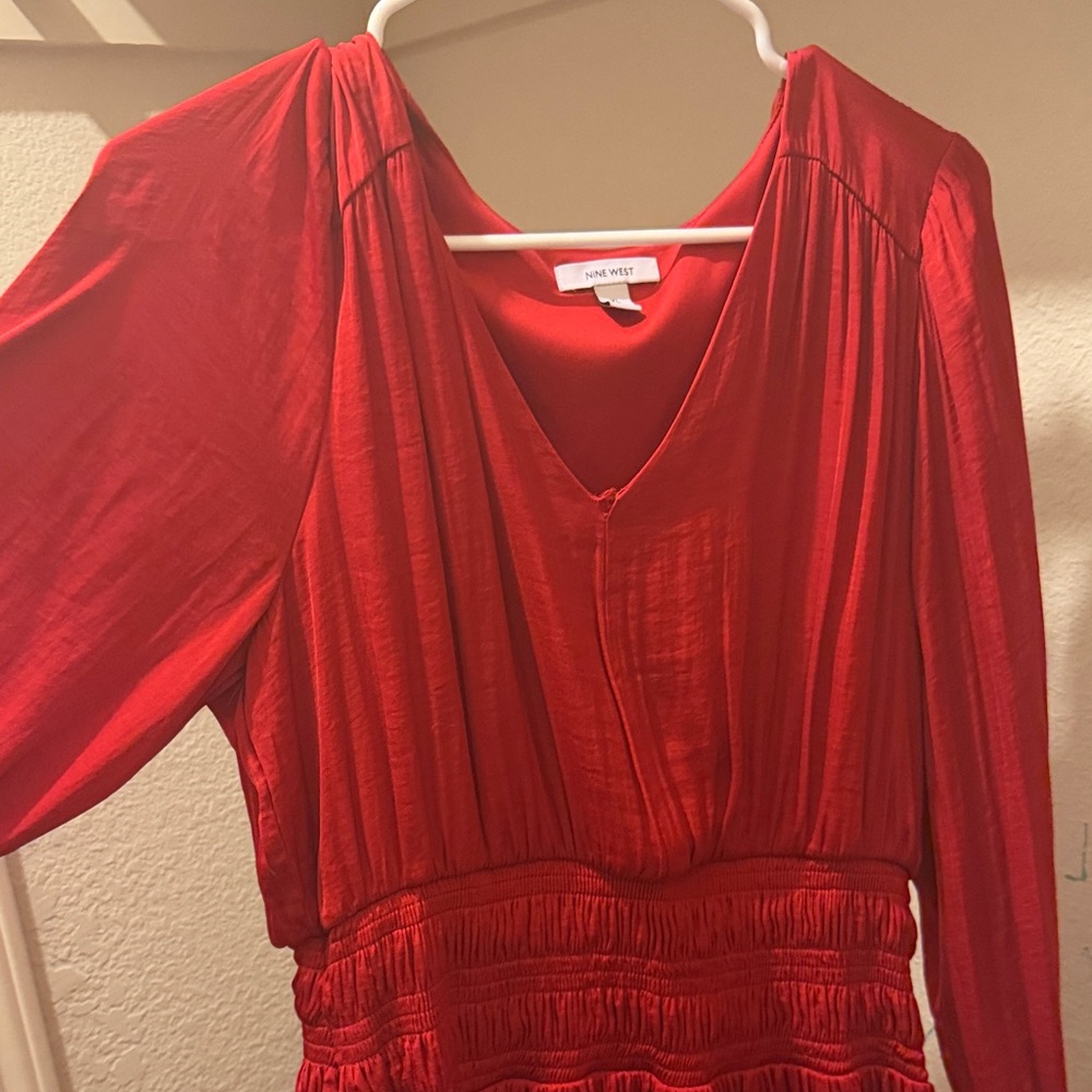 Nine West Bright Red V-Neck Long Sleeve Dress